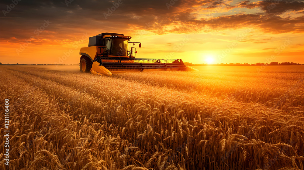 Obraz premium Combine Harvester Working in Wheat Field During Sunset, Agriculture, Harvesting