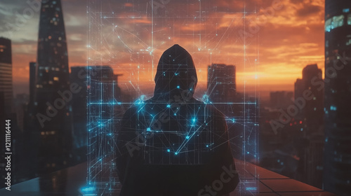 Hacker are planning to hack and attack networks and cyber security systems.Smart digital city with connection Innovation network reciprocity over the cityscape