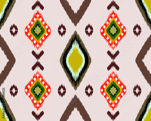 Colorful geometric pattern with vibrant shapes and textures, ideal for textiles or wallpapers. design features mix of red, green, and brown hues