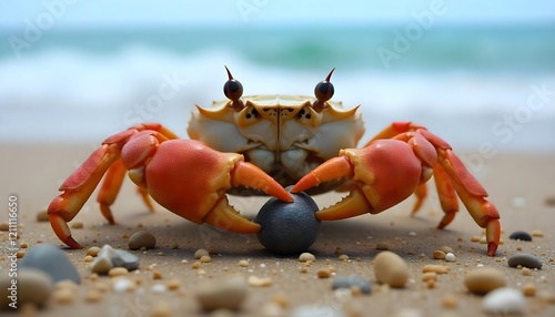 Orange Crab Holding Stone on Beach Ocean Background photo