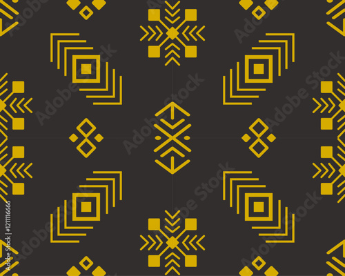 Bold geometric pattern featuring yellow shapes on black background, creating striking visual contrast. This design is perfect for textiles or modern decor