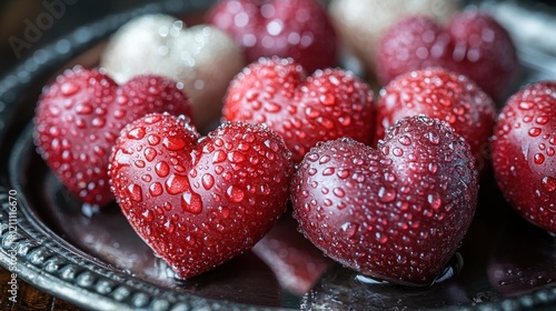 Dew-kissed heart candies on silver tray, romantic background photo