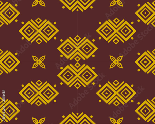 Bold geometric pattern in yellow and maroon, featuring diamonds and floral motifs, perfect for textiles or wallpaper