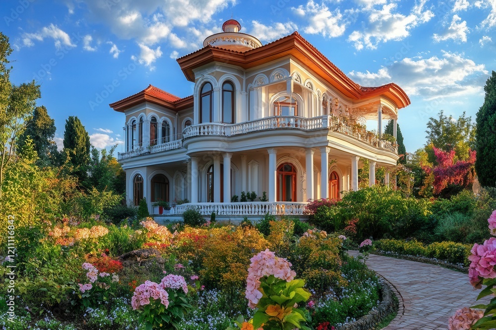 Fototapeta premium Luxurious mansion garden sunset landscaping