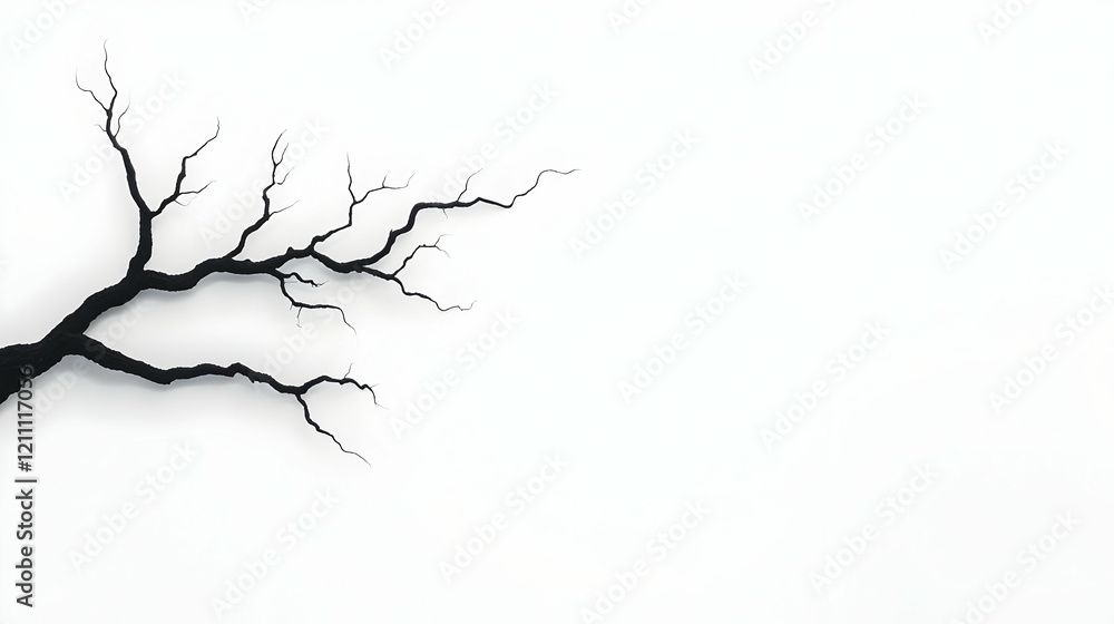 Black Bare Tree Branch Extends Elegantly on a Pristine White Background Black Bare Tree Branch Extends Elegantly on a Pristine White Background