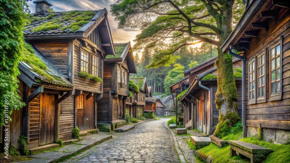 Serene Cobblestone Lane with Moss-Covered Wooden Houses and Lush Greenery at Sunset Serene Cobblestone Lane with Moss-Covered Wooden Houses and Lush Greenery at Sunset