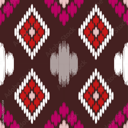 Colorful geometric pattern with red, pink, and white shapes on brown background. Ideal for textiles or wallpapers