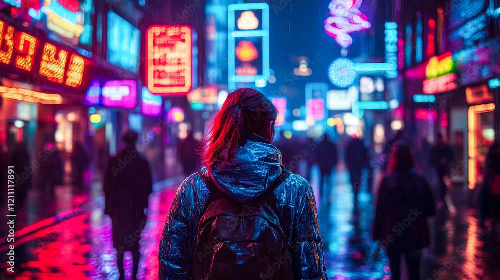 Obraz premium Crowded Cyberpunk Street with Neon Glow,
