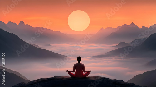Woman Meditates on Mountain...