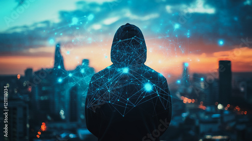 Hacker are planning to hack and attack networks and cyber security systems.Smart digital city with connection Innovation network reciprocity over the cityscape