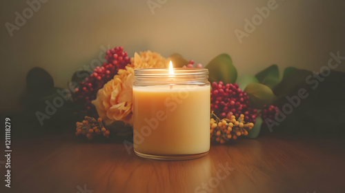 Lighted Candle Sits on Tabl...