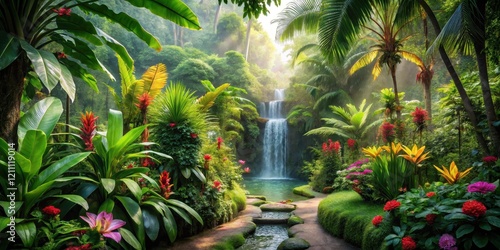 Fototapeta Naklejka Na Ścianę i Meble -  Serene Waterfall Oasis Lush Tropical Paradise with Vibrant Flora and Tranquil Pathway