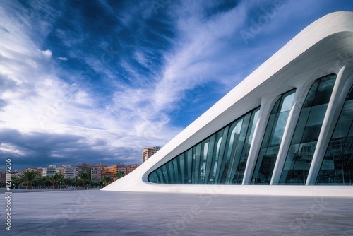 Modern coastal building, dramatic sky, city backdrop