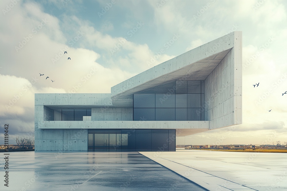 Modern concrete house, sky, birds, landscape, design Modern concrete house, sky, birds, landscape, design