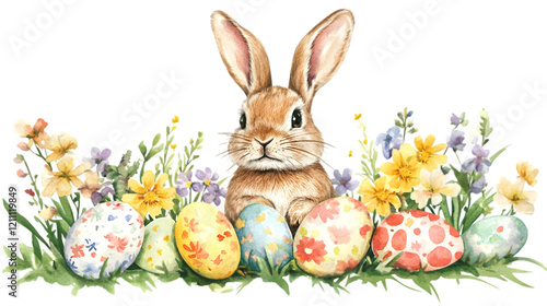 easter bunny with spring flowers and eggs watercolor illustration isolated white background png photo