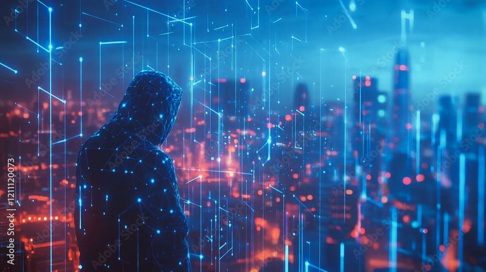 Fototapeta premium Hacker are planning to hack and attack networks and cyber security systems.Smart digital city with connection Innovation network reciprocity over the cityscape