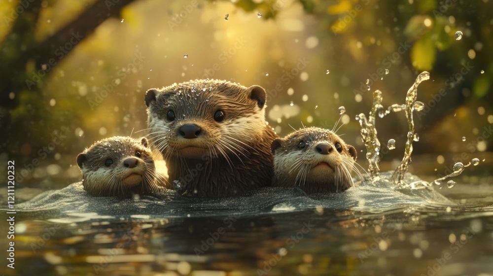 Three playful otters in a pond, surrounded by water and forest, in golden light Three playful otters in a pond, surrounded by water and forest, in golden light