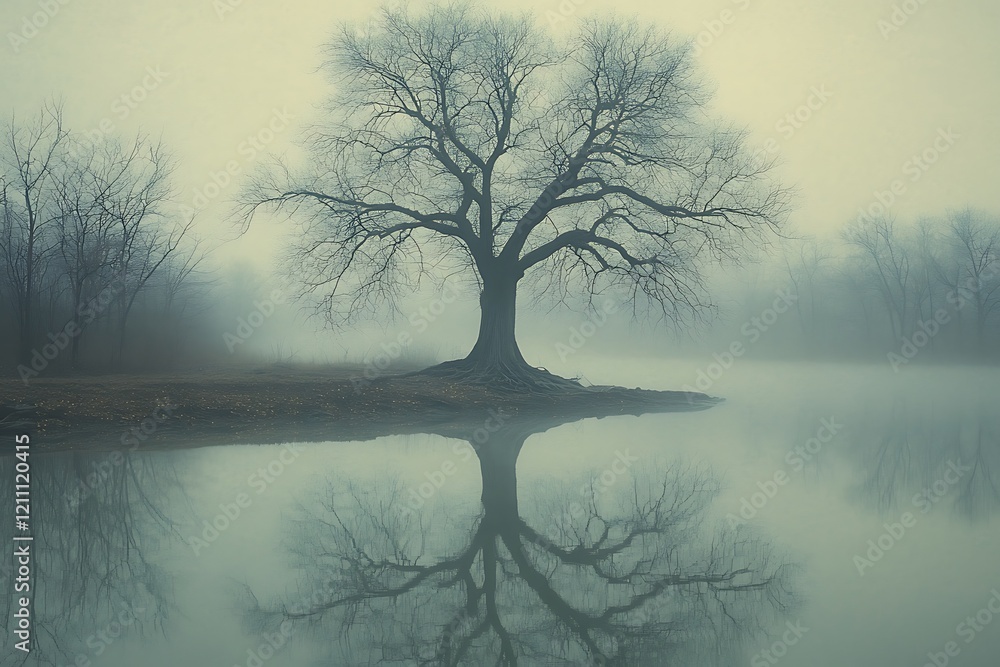 Lone Bare Tree Reflecting In Misty Water Lone Bare Tree Reflecting In Misty Water