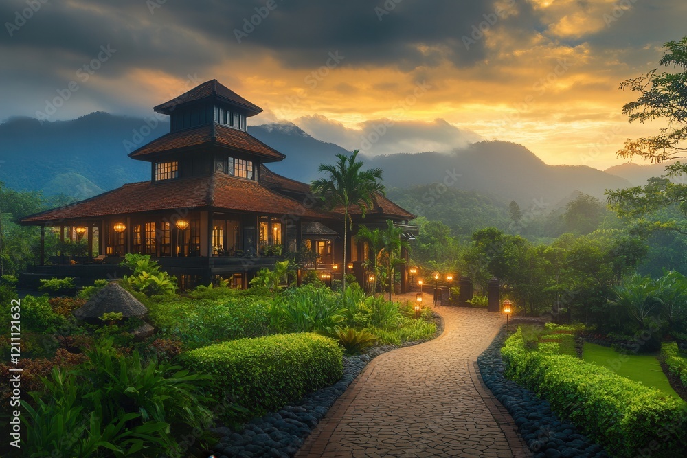 Obraz premium Mountain resort sunset path garden