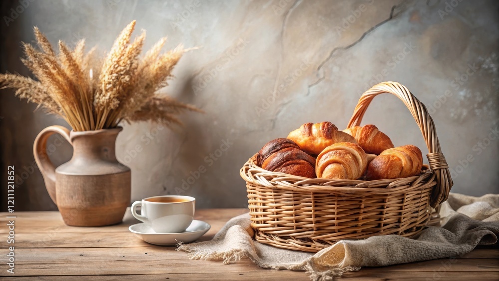 Rustic Still Life Featuring a Wicker Basket Overflowing with Golden-Brown Baked Goods, Accompanied by a Delicate Ceramic Coffee Cup and a Vase of Dried Wheat Stalks on a Weathered Wooden Table Rustic Still Life Featuring a Wicker Basket Overflowing with Golden-Brown Baked Goods, Accompanied by a Delicate Ceramic Coffee Cup and a Vase of Dried Wheat Stalks on a Weathered Wooden Table