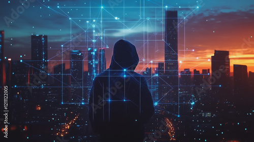 Hacker are planning to hack and attack networks and cyber security systems.Smart digital city with connection Innovation network reciprocity over the cityscape