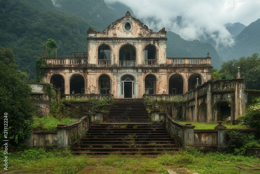 Obraz premium Ruined mansion, mountain backdrop, overgrown steps