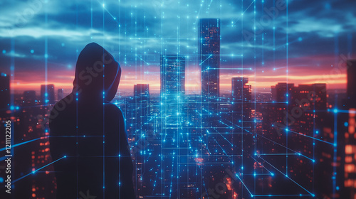 Hacker are planning to hack and attack networks and cyber security systems.Smart digital city with connection Innovation network reciprocity over the cityscape