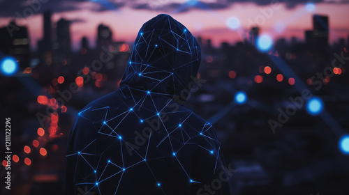 Hacker are planning to hack and attack networks and cyber security systems.Smart digital city with connection Innovation network reciprocity over the cityscape