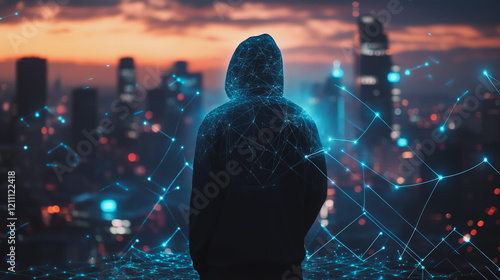 Hacker are planning to hack and attack networks and cyber security systems.Smart digital city with connection Innovation network reciprocity over the cityscape