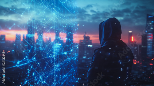 Hacker are planning to hack and attack networks and cyber security systems.Smart digital city with connection Innovation network reciprocity over the cityscape