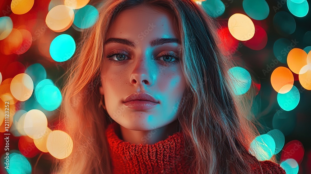 Fototapeta premium Close-up portrait of a young woman with blonde hair and blue eyes, wearing a red turtleneck sweater, against a bokeh background of colorful lights.