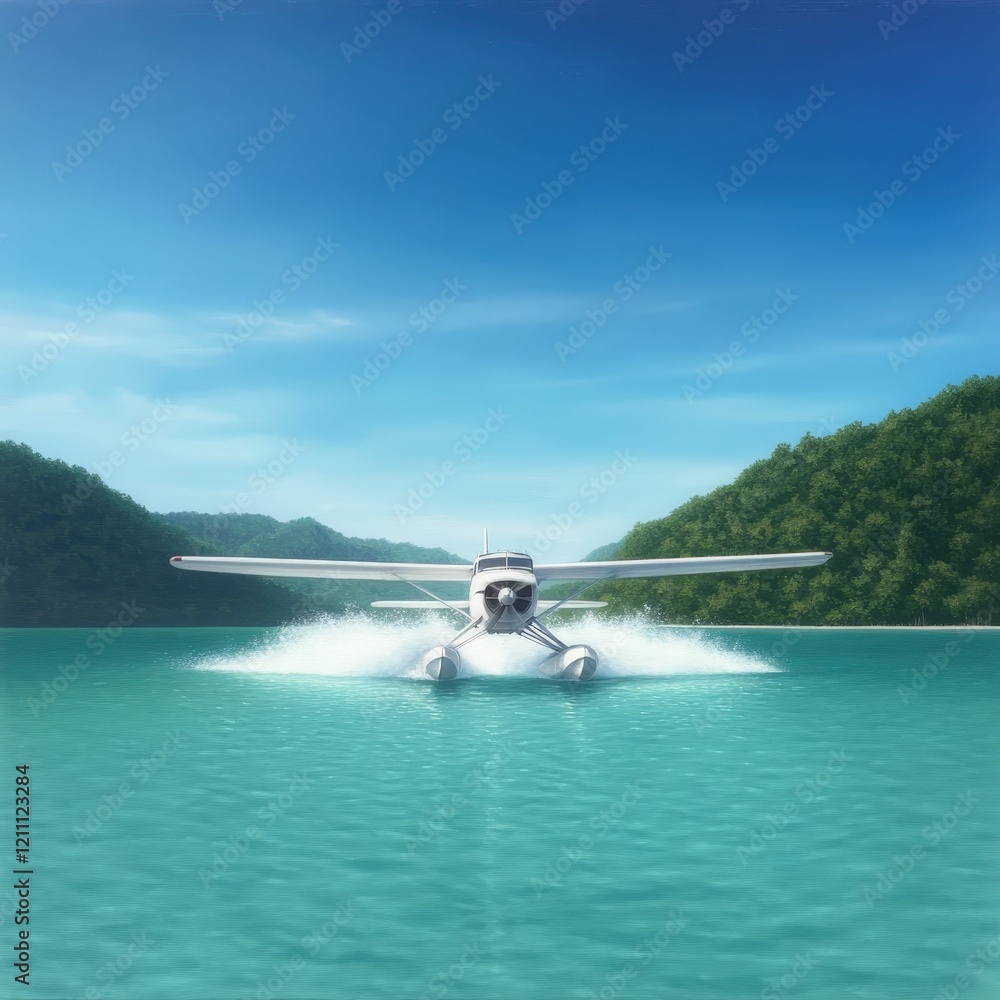 Fototapeta premium A seaplane takes off from a calm, turquoise lake surrounded by lush green hills under a clear blue sky.