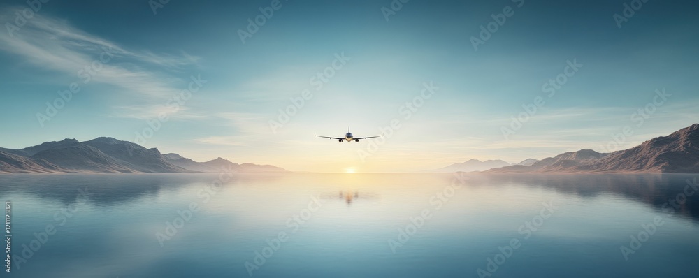 A serene landscape features an airplane flying above a calm lake, reflecting the vibrant sky and mountains at sunrise. A serene landscape features an airplane flying above a calm lake, reflecting the vibrant sky and mountains at sunrise.