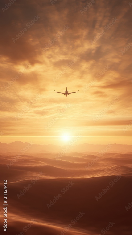 Fototapeta premium A serene sunset view with an airplane flying through colorful clouds, creating a tranquil atmosphere above rolling hills.