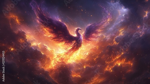 ethereal phoenix rising from swirling cosmic flames nebulalike smoke patterns in deep purples and blues with golden sparks dancing through space photo