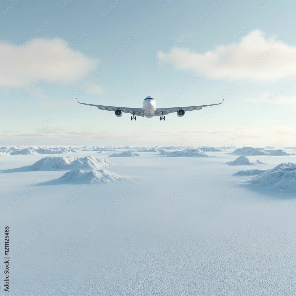 A sleek airplane glides over vast, icy landscapes, capturing the serene beauty of a winter sky and snow-covered mountains. A sleek airplane glides over vast, icy landscapes, capturing the serene beauty of a winter sky and snow-covered mountains.