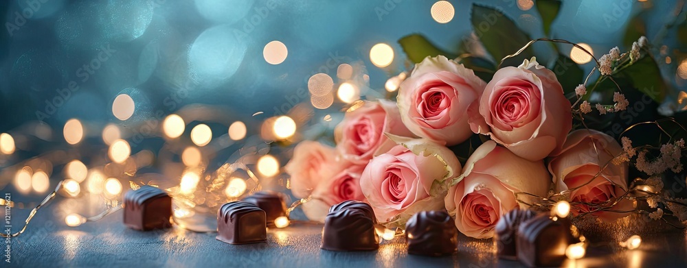 Naklejka premium Romantic Valentine s evening decor with a bouquet of roses surrounded by soft fairy lights and glowing chocolates