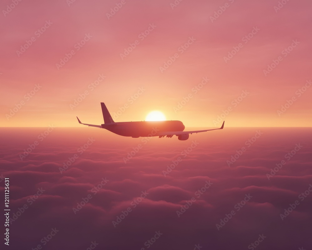 A silhouette of an airplane flying above the clouds at sunset, casting a warm glow against a colorful sky. A silhouette of an airplane flying above the clouds at sunset, casting a warm glow against a colorful sky.