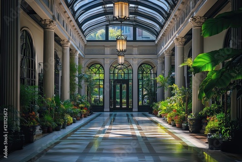 Sunlit atrium  plants  city view  luxury home