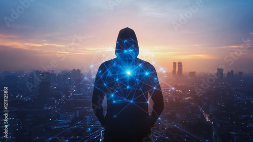 Hacker are planning to hack and attack networks and cyber security systems.Smart digital city with connection Innovation network reciprocity over the cityscape