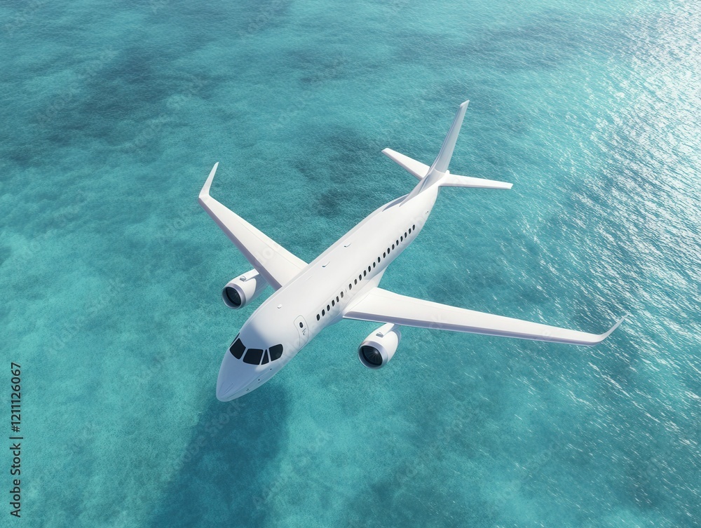 Naklejka premium A sleek airplane soars above vibrant turquoise waters, showcasing a stunning aerial view of travel and adventure.