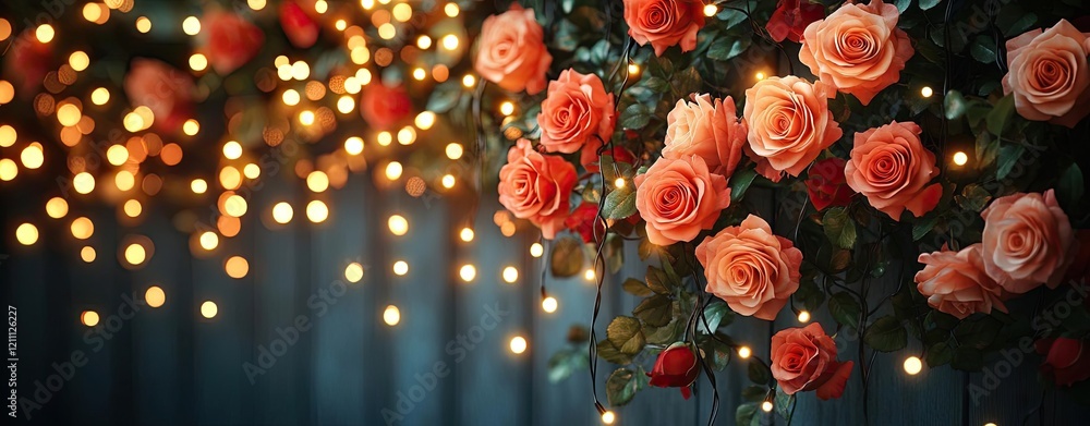 Fototapeta premium A Valentine s display with cascading fairy lights entwined with fresh roses, creating a magical and intimate mood