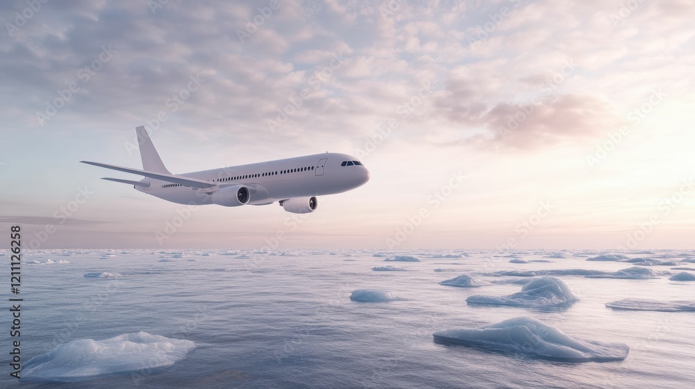 Fototapeta premium A sleek airplane soars above icy waters, surrounded by floating icebergs under a pastel sky, capturing a serene moment of flight.