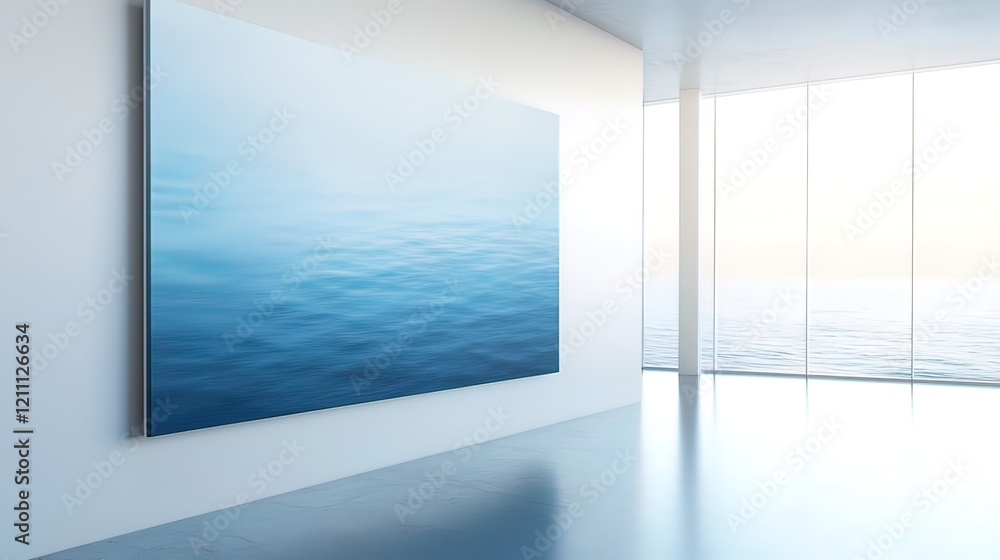 Fototapeta premium Large abstract ocean painting on white wall in modern room with ocean view.