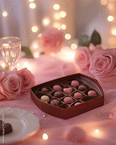 A glowing Valentine s scene with a box of chocolates set on a rosefilled table, pastel lighting enhancing the cozy, intimate vibe photo