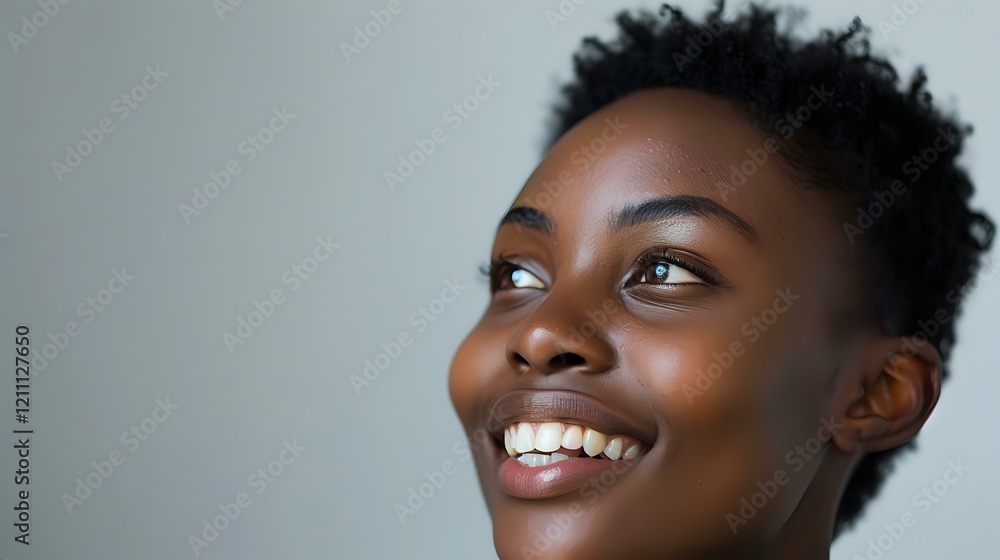 Young African American woman with natural curly hair and radiant smile looking up with hopeful expression against light background, perfect for wellness and positive lifestyle concepts. Young African American woman with natural curly hair and radiant smile looking up with hopeful expression against light background, perfect for wellness and positive lifestyle concepts.