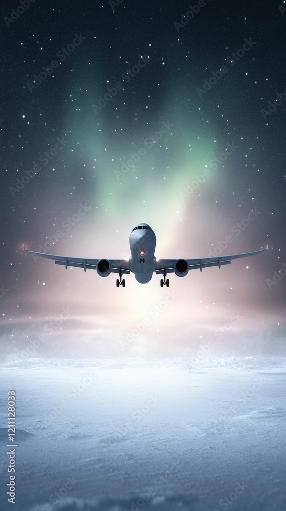 Obraz premium A plane ascends through a starry sky illuminated by vibrant auroras, creating a mystical and adventurous atmosphere.