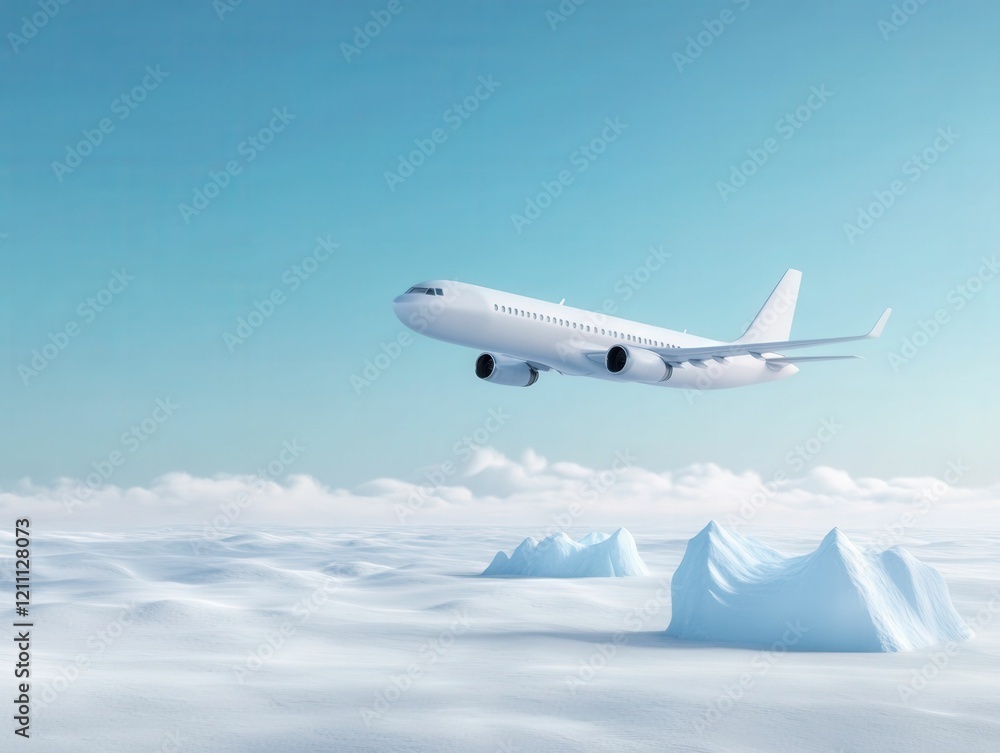Obraz premium A sleek white airplane soars above cloud-covered icy landscapes under a clear blue sky, showcasing the beauty of aviation and nature.