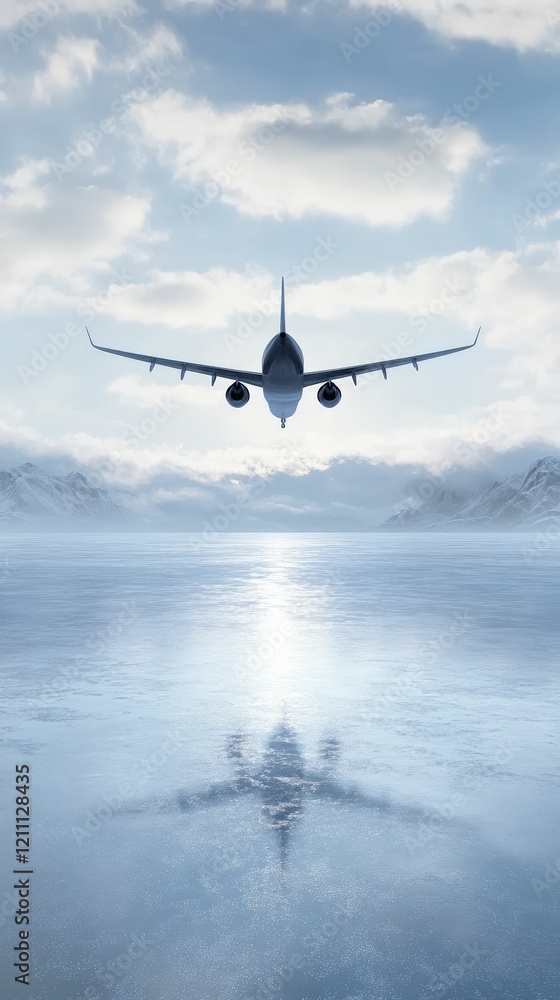 Obraz premium A serene scene of an airplane flying over a calm body of water, reflecting the aircraft against a backdrop of soft clouds and gentle sky.