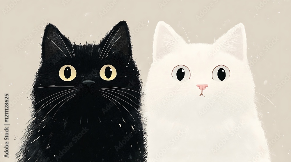 Fototapeta premium Digital abstract illustration featuring two black and white cats with cartoonish style against a neutral bright background